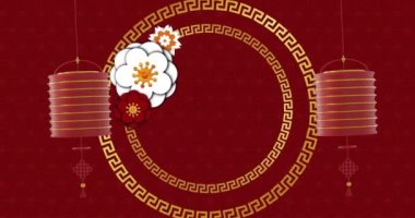 Kırmızı arka planda fotokopi alanı olan fenerlerin ve Çin desenlerinin animasyonu. Çin yeni yılı, şenlik, kutlama ve geleneksel konsept dijital olarak oluşturulmuş video.