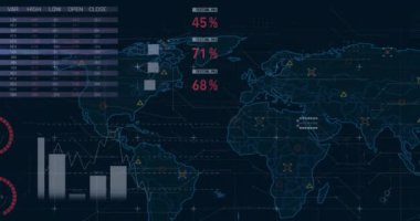 Siyah arkaplan üzerinden istatistik ve finansal veri işleme animasyonu. Küresel finans, iş, bağlantılar, hesaplama ve veri işleme kavramı dijital olarak oluşturulmuş video.