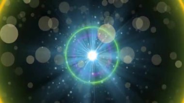 Neon dairelerin ve siyah arkaplandaki lekelerin animasyonu. Soyut arkaplan ve renk konsepti dijital olarak oluşturulmuş video.