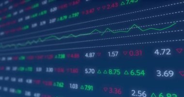 Animation of financial data processing over blue background. Global business, finances, computing and data processing concept digitally generated video.