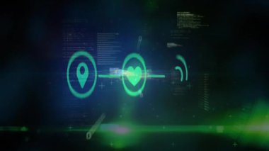 Siyah arkaplanda veri işleme üzerine simgelerle bağlantı ağının animasyonu. Küresel teknoloji, bilgisayar ve dijital arayüz kavramı dijital olarak oluşturulmuş video.