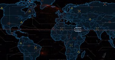 Karanlık arka planda dünya haritasında veri işleme animasyonu. Küresel finans, iş, bağlantılar, hesaplama ve veri işleme kavramı dijital olarak oluşturulmuş video.