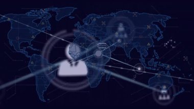 Dünya haritası üzerindeki simgelerle bağlantı ağının animasyonu. Küresel teknoloji ve dijital arayüz konsepti dijital olarak oluşturulmuş video.