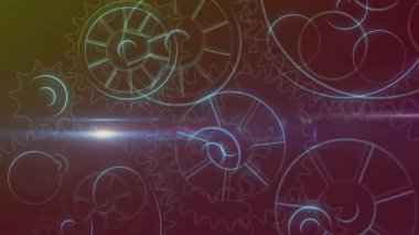 Siyah arka plandaki ışık yollarının üzerinde dişli çarkların canlandırılması. Küresel teknoloji, iş akışı, endüstri ve dijital arayüz kavramı dijital olarak oluşturulmuş video.