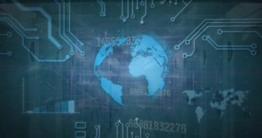 Sunucu odasındaki dünya ile bağlantı ve veri işleme ağının animasyonu. Küresel iş ve dijital arayüz kavramı dijital olarak oluşturulmuş video.