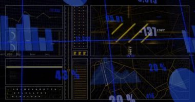 Diyagramlar üzerinde tarayıcı ve veri işleme animasyonları. Küresel teknoloji ve dijital arayüz konsepti dijital olarak oluşturulmuş video.