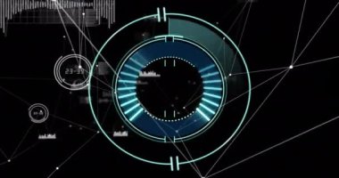 Siyah arkaplanda veri işleme ağı üzerinden tarama kapsamı animasyonu. Küresel teknoloji, bilgisayar ve dijital arayüz kavramı dijital olarak oluşturulmuş video.