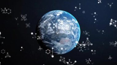 Beyaz iletişim ağlarının ve karanlık arka plandaki kürenin animasyonu. Veri, dijital arayüz, bağlantı, ağ ve küresel iletişim, dijital olarak oluşturulmuş video.