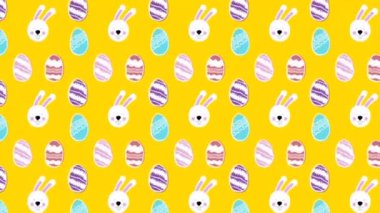 Sarı arka planda hareket eden paskalya yumurtaları ve tavşanların animasyonu. Paskalya ve kutlama konsepti dijital olarak oluşturulmuş video.