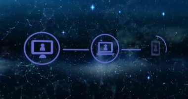 Siyah arkaplandaki simgelerle bağlantı ağının animasyonu. küresel bağlantılar, bilgisayar ve dijital arayüz konsepti dijital olarak oluşturulmuş video.