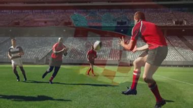 Rugby sahasındaki çeşitli erkek ragbi oyuncuları üzerinde Hırvat bayrağının animasyonu. Spor, rekabet ve takım konsepti dijital olarak oluşturulmuş video.