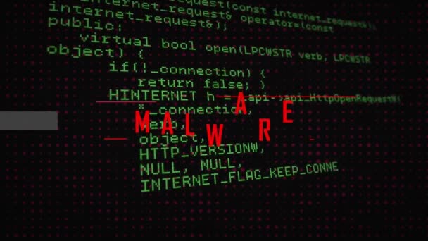 Animace Malware Textu Přes Zpracování Dat Černém Pozadí Globální Technologie — Stock video