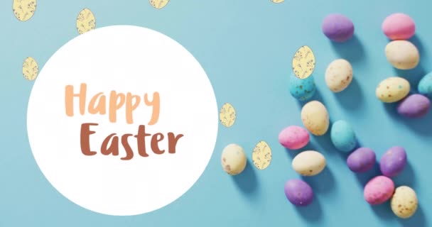 Animación Huevos Pascua Feliz Texto Pascua Sobre Fondo Azul Concepto — Vídeo de stock