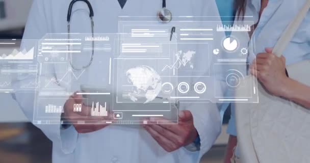 Animation Data Processing Diverse Doctors Global Medicine Connections Computing Data — Stock Video