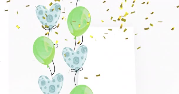 Animación Confeti Dorado Cayendo Con Globos Fiesta Verdes Azules Sobre — Vídeos de Stock