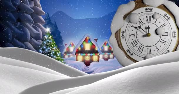 Animación Reloj Retro Marcando Medianoche Paisaje Invierno Nochevieja Año Nuevo — Vídeo de stock