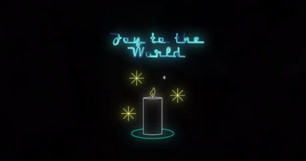 Animation Neon Joy World Text Candle Black Background Celebration Party — Stock Video