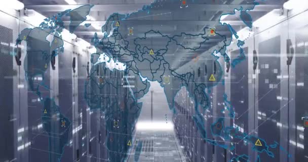 Animação Mapa Mundo Processamento Dados Digitais Sobre Servidores Computador Conexões — Vídeo de Stock