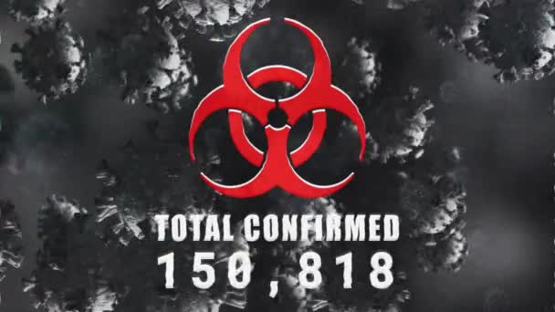 Animation Biohazard Symbol Total Confirmed Number Virus Cells Black Background — Stock Video