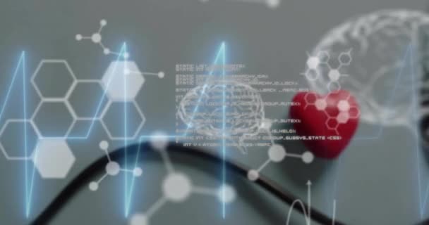 Animering Kardiografi Med Molekyler Och Databehandling Över Stetoskop Global Medicin — Stockvideo