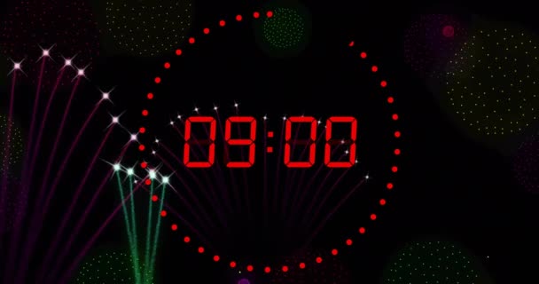 Анімація Цифрового Годинника Підраховується Півночі Феєрверком Чорному Тлі Напередодні Нового — стокове відео