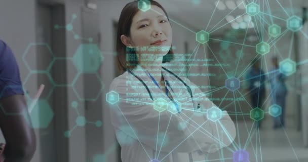 Animation Connections Data Processing Asian Female Doctor Hospital Global Medicine — Stock Video