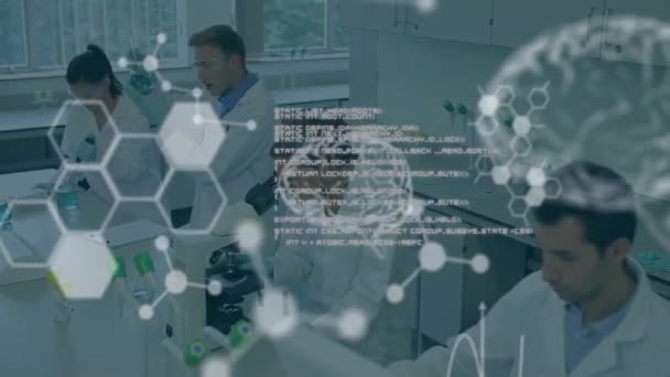 Laboratuvarda Çalışan Çeşitli Bilim Adamları Üzerinde Çalışan Molekülleri Veri Işlemesi — Stok video
