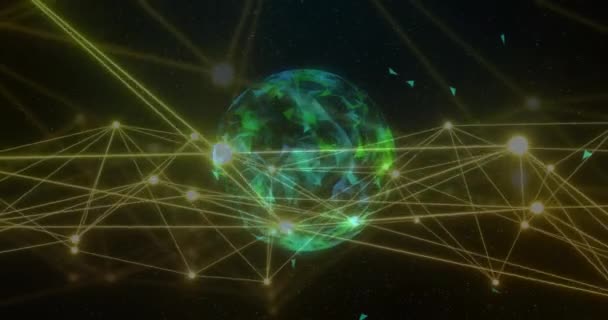 Animation de réseau de connexions sur globe de formes. Technologie globale et concept d'interface numérique vidéo générée numériquement.
