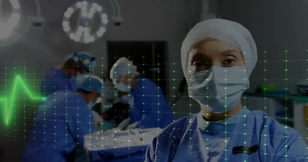 Animatie Van Cardiograaf Diverse Chirurgen Met Gezichtsmaskers Operatiekamer Global Medicine — Stockvideo