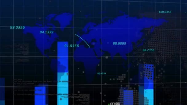 Dünya Haritasında Finansal Veri Işleme Animasyonu Küresel Finans Bağlantılar Hesaplama — Stok video