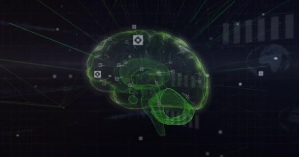 Анимация Мозга Сетью Соединений Обработкой Данных Черном Фоне Концепция Глобальных — стоковое видео