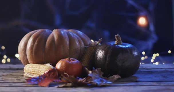 Ünnepi Őszi Bemutatón Sütőtök Kukorica Található Egy Fából Készült Asztalon — Stock videók
