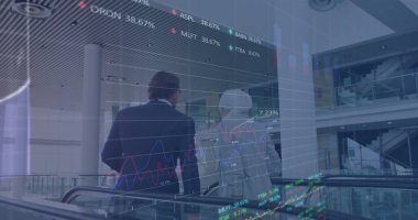 Çeşitli iş adamlarının konuştuğu finansal verilerin ve grafiklerin görüntüsü. küresel iş, finans, ekonomi ve teknoloji konsepti dijital olarak oluşturulmuş imaj.