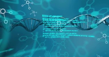 Mavi arka planda DNA üzerinde ağ ve veri işleme animasyonları. Bağlantı, bilim, tıbbi araştırma, sağlık, dijital arayüz ve iletişim, dijital olarak oluşturulmuş video.