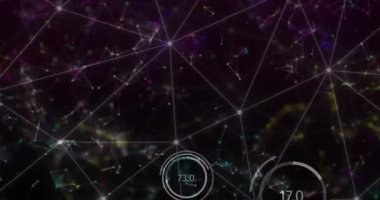 Animation of network of connections over data processing on black background. Global connections, computing and digital interface concept digitally generated video.