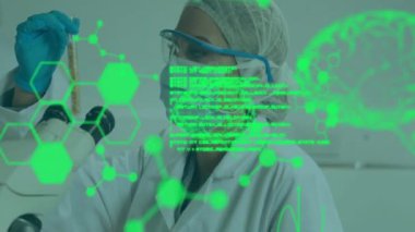 Kafkas kadın bilim adamının laboratuvarda bilimsel veri işleme animasyonu. Küresel bilim, bağlantılar, hesaplama ve veri işleme kavramı dijital olarak oluşturulmuş video.