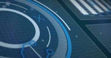 Bağlantı ağının canlandırılması, veri işleme ve mavi arkaplan üzerinde tarama. Teknoloji ve dijital arayüz kavramı dijital olarak oluşturuldu.