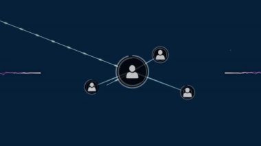 Mavi arka planda mor havai fişek üzerinden veri aktaran insan simgeleri ağı animasyonu. Ağ, veri, bağlantı ve iletişim, dijital olarak oluşturulmuş video.