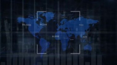 Dünya haritasında finansal veri işleme animasyonu. Küresel finans, iş, bağlantılar, hesaplama ve veri işleme kavramı dijital olarak oluşturulmuş video.