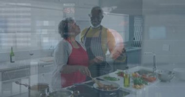 Çeşitli yaşlı çiftlerin aşçılığıyla ilgili veri işleme animasyonları. Dijital olarak oluşturulmuş küresel bağlantılar, hesaplama ve veri işleme kavramı.