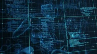 Siyah zemin üzerinde virüs hücreleri üzerinde veri işleme animasyonu. Küresel tıp, bilim, bilgisayar ve dijital arayüz kavramı dijital olarak oluşturulmuş video.