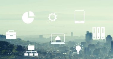 Şehir manzarası üzerinde finansal veri işleme animasyonu. Küresel finans, iş, bağlantılar, hesaplama ve veri işleme kavramı dijital olarak oluşturulmuş video.