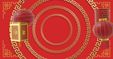 Kırmızı arka planda fotokopi alanı olan fenerlerin ve Çin desenlerinin animasyonu. Çin yeni yılı, şenlik, kutlama ve geleneksel konsept dijital olarak oluşturulmuş video.
