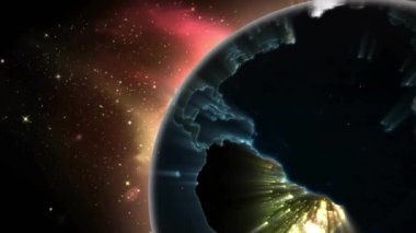 Siyah zemin üzerinde ışık izleri olan küre animasyonu. Dijital olarak oluşturulmuş küresel bağlantılar, bilgisayar ve dijital arayüz kavramı.