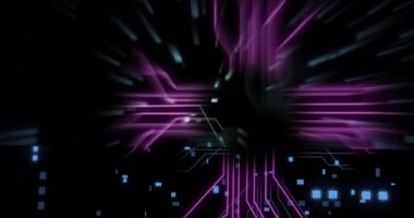 Devre kartının animasyonu ve bilgisayar kullanan farklı insanların veri işlemesi. Dijital olarak oluşturulmuş küresel bağlantılar, hesaplama, dijital arayüz ve veri işleme kavramı.