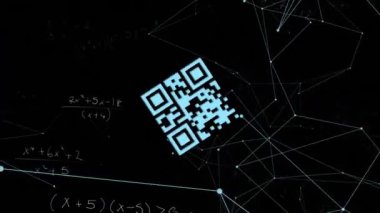 Matematiksel denklemler üzerinde bağlantı ağının animasyonu ve siyah arkaplan üzerinde qr kodu. Dijital olarak oluşturulmuş küresel bağlantılar, iletişim ve dijital arayüz kavramı.