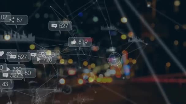 Animation Des Netzwerks Von Verbindungen Mit Mediensymbolen Über Nacht Stadt — Stockvideo
