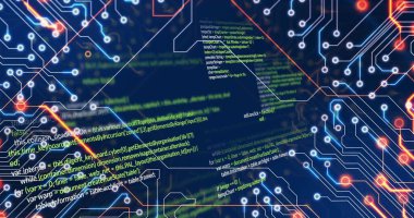 Parlak neon devre şablonu kod arayüzünü, program kodu ve parlayan düğümlerle örtüyor. Teknoloji, yenilik, dijital, siber güvenlik, veri, ağ, fütürist