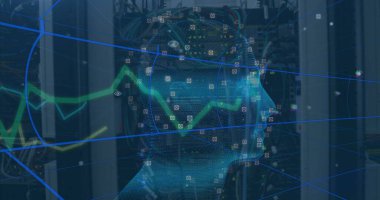 Ağ kabloları ve veri düğümleriyle sunucu odasında dönen kablo kafa hologramı gösteriliyor. Gelecek, teknoloji, veri, görselleştirme, dijital, siber, ağ