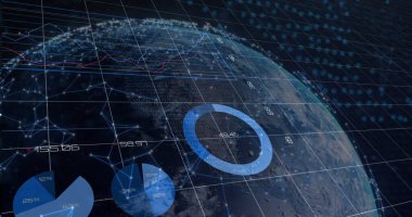 Veri grafiklerini, şebeke örtüsünü ve analitik merkezdeki sayısal etiketleri gösteren 3D Dünya küresi döndürme. Teknoloji, görselleştirme, analitik, veri, ağ, dijital, bilim